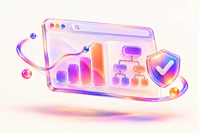 نمای مفهومی گزارش جستجو با نمودار، درخت نقشه سایت و سپر تأیید