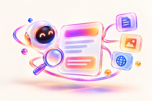 کارت پاسخ روشن کنار ذرهبین جستجو، نماد دستیار و کارتهای منبع